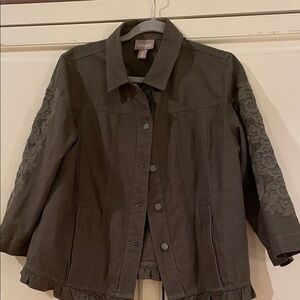 Chico's Dark Brown Utility Jacket with Floral Details